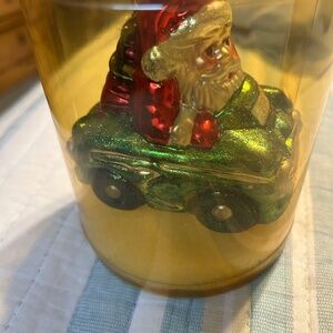 NWT Glass by Peschka Vintage Santa in Green Car 1996 Christmas Ornament